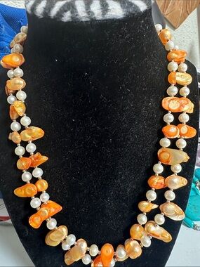Freshwater Pearl & Orange Keishi Shell Double Strand Necklace